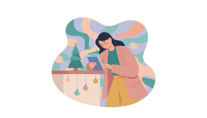 Sad woman using tablet by Christmas decorations Holiday stress online shopping or winter communication