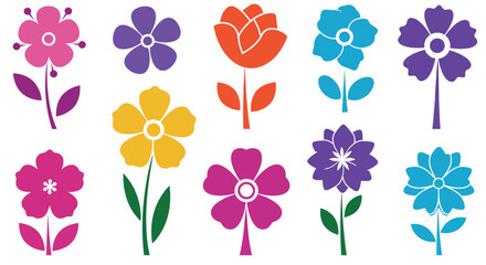 Colorful collection of stylized flowers in various shapes and vibrant hues