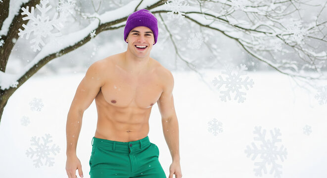 Happy shirtless man with abs smiling and having fun in a snowy winter park. Joyful muscular adult in a purple beanie enjoying the cold weather outdoors. - Powered by Adobe