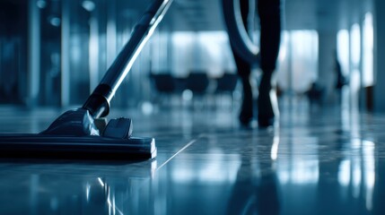 Person Cleaning a Modern Office Environment with Vacuum Cleaner, Focused on Floor and Abstract Background, Professional Cleaning Service Demonstration