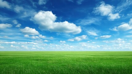 Obraz premium Vibrant Green Grass Under a Bright Blue Sky with Fluffy Clouds and Expansive Horizon in a Serene Outdoor Landscape