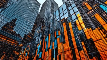 Dynamic Abstract Data Reflections on Modern Skyscraper Glass Facades in the Financial Business District - Powered by Adobe