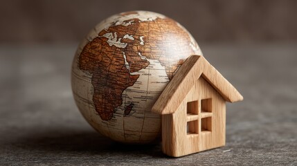 Wooden house model next to a globe emphasizing home ownership, travel opportunities, and global connectivity for real estate and lifestyle concepts