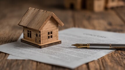 Wooden model house placed on contract document alongside a fountain pen against a rustic wooden background for real estate concept photography