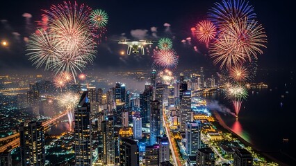 Aerial view captures city lights, fireworks, and a drone over buildings at night
