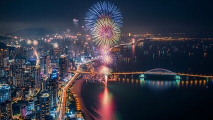 Aerial view of a city coastline at night with a vibrant display of colorful fireworks