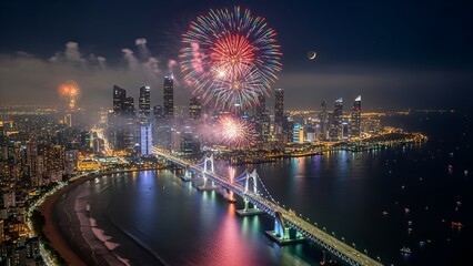 Aerial view of a city at night with a fireworks display over a bridge and coastline