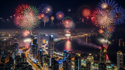 Aerial night view of a cityscape celebrating with vibrant, colorful fireworks displays and crescent moon