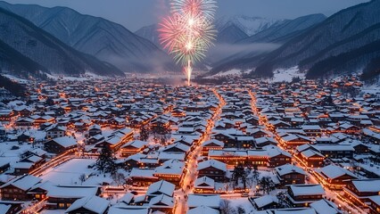 Aerial view of a snow-covered town at dusk with fireworks bursting in the sky over mountains