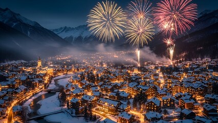 Aerial view of a city nestled in a snowy valley, illuminated by streetlights, with fireworks