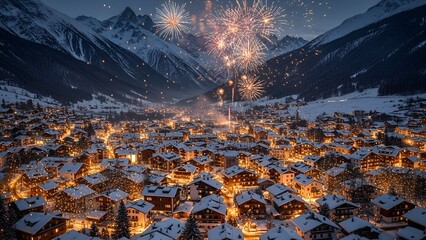 Aerial view of a snowy village at night, fireworks light up the sky over mountain range