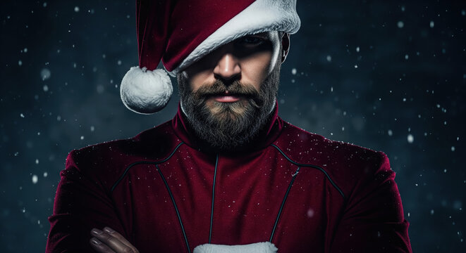 Intense and mysterious man with a beard wearing a Santa hat in the snow. Moody and dramatic close-up portrait for a dark Christmas concept.