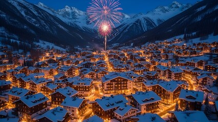 Aerial view of a snowy village at night, with fireworks illuminating the mountain backdrop