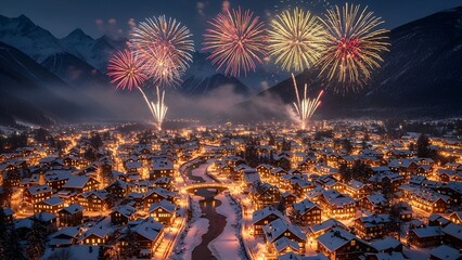 Festive fireworks illuminate a snowy village nestled in a valley, framed by towering mountain peaks