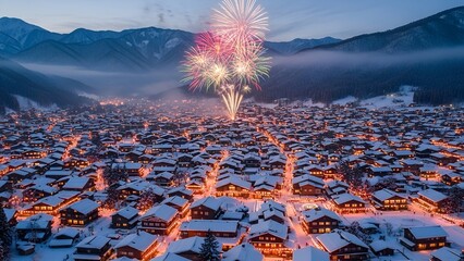 Aerial view of a snowy village at twilight with colorful fireworks bursting above