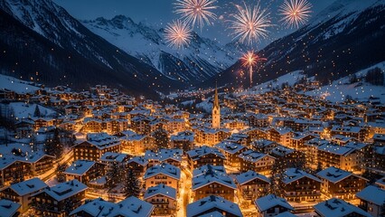 Aerial view of a snowy village nestled in a mountain valley at night with fireworks