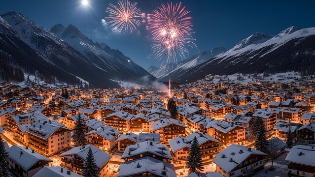 Aerial view of a snowy village at night with fireworks over snow-covered rooftops, mountains