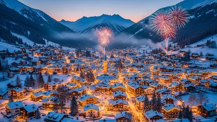 Aerial view of a snow-covered town in a valley with fireworks display