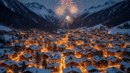 Aerial view of a charming snow-covered village nestled in a mountain valley at night with fireworks