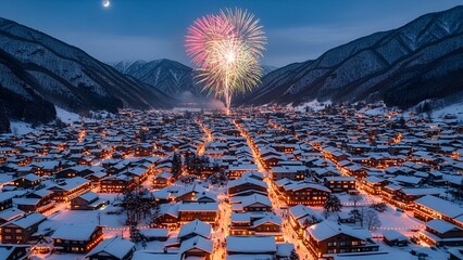 Aerial view of a snowy village at twilight with fireworks exploding above, mountains
