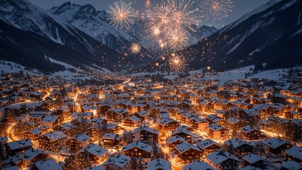 Aerial view of a snowy mountain village with fireworks exploding in the night sky