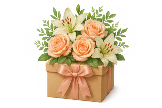 Gift box with pink ribbon holding a floral bouquet of peach roses and white lilies, watercolor style