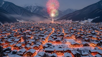 Aerial view of a snow-covered town at night with celebratory fireworks