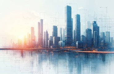 Obraz premium Modern city skyline with skyscrapers, highrise buildings, urban infrastructure. Detailed drawing of metropolis with grid lines, architecture design. Cityscape with river, bridge, modern buildings at
