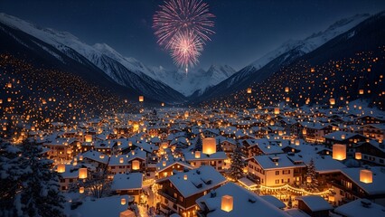 Aerial view of a snowy village at night, illuminated by lanterns and fireworks in mountains