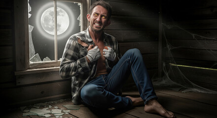 Man with glowing eyes transforming into a werewolf under a full moon. Horror concept of a cursed person in a rustic cabin.