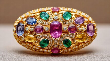Exquisite gold bracelet adorned with colorful gemstones.