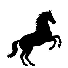 Horse silhouette, side view. Isolated black flat element of rearing, jumping, trotting, horse on white background. Vector icon, logo, illustration.