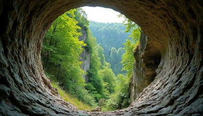Hollow stone cave on Mullerthal Trail in Luxembourg. Round opening in rock formation frames green forest. Trees grow on steep cliffs. Natural arch in sandstone. Scenic view of canyon.