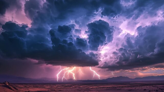 Breathtaking display of lightning bolts flashing across a dramatic sky filled with dark clouds over a serene desert landscape at dusk. Nature's beauty on full display