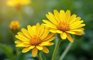 Close up shows two bright yellow coltsfoot flowers in garden. Blooms show petals and stems. Flowers bloom in springtime on green grass. Leafs make nice spring floral scene.