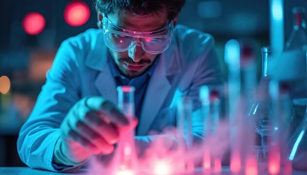 Man works with chemical samples in lab. Scientist conducts research with flask, test tubes. Lab technician studies reactions, wears safety glasses, coat in clinic. Tests illuminated with red color. - Powered by Adobe
