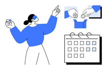 Woman pointing to goals, coins transferring into a box, monthly calendar planning. Ideal for donation management, teamwork, goal-setting, financial planning, time management, productivity simple