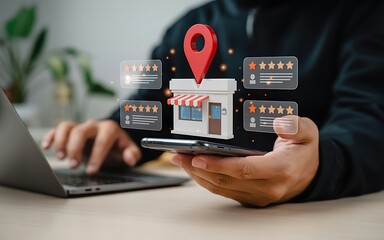 Person Using Smartphone and Laptop with Storefront and Star Ratings business retail
