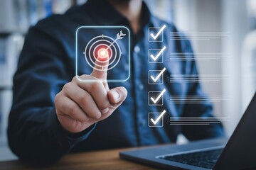 Person's finger touching a target icon with an arrow and a checklist with completed tasks on a screen