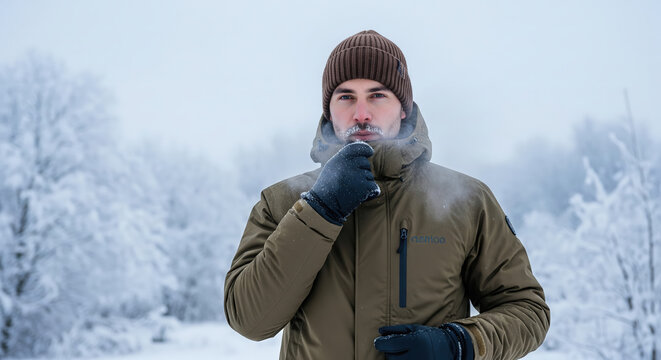 Man feeling the extreme cold with a frozen mustache and steamy breath in a winter landscape. Portrait of an adult in freezing weather.