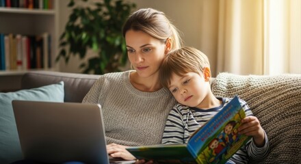 caucasian mother working remotely on laptop from cozy living room couch. little son sits beside her, reading book. work-life balance and family concept.