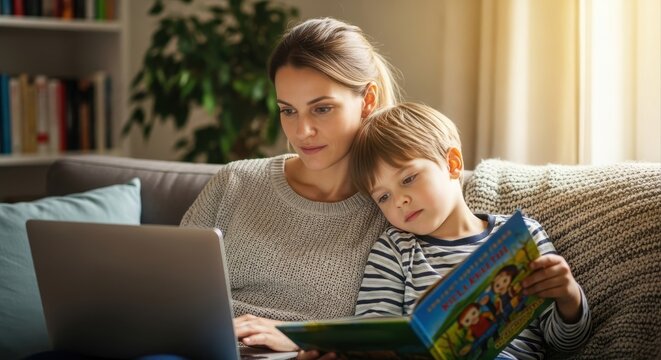 caucasian mother working remotely on laptop from cozy living room couch. little son sits beside her, reading book. work-life balance and family concept.