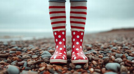 Red polka dot rain boots on a pebble beach