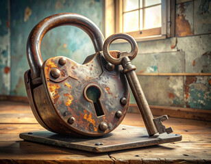 A heavy, old padlock is unlocked, revealing a perfectly fitting key resting on a bathroom scale.