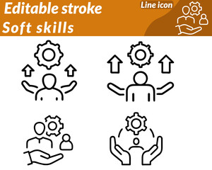 Soft Skills set line Icon. Representing understanding and cooperation. Gentle gradients of blue orange and green convey trust and growth. Optional elements include a lightbulb for creativity a heart.