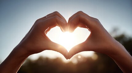 Fototapeta premium Hands forming a heart shape with sunlight shining through.