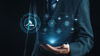 Futuristic digital law interface displaying justice scale, highlighting digital law, AI compliance,...
