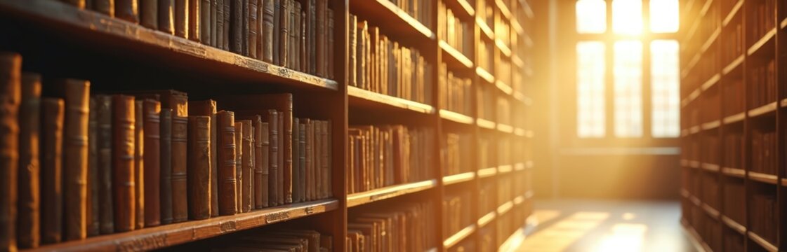 Golden sun light shines on library book shelves. Rows of old books on wooden shelves. Library interior with sunbeam through window. Book collection in room. Educational resource storage. Research,