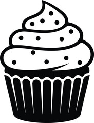 Black and White Cupcake Icon with Swirl Frosting and Sprinkles Keywords: cupcake, cake, dessert, sweet