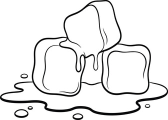 Black and White Line Drawing of Melting Ice Cubes with Water Puddles liquid cold